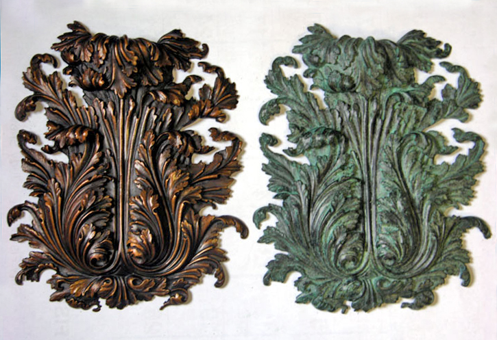 Acanthus Shields French Brown and Verdigris, Steve Murray, bronze carved wood patterns, Max-Cast