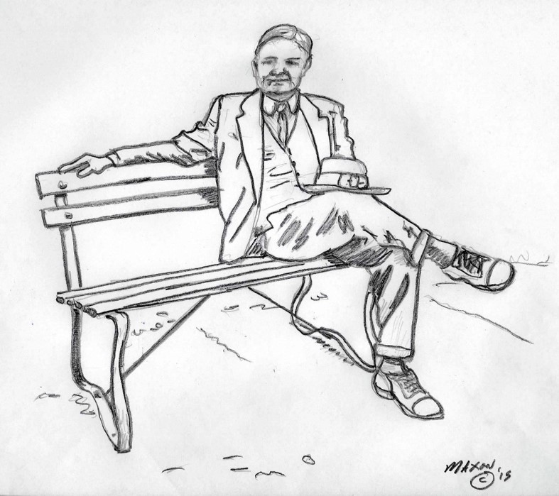 Commission, Preliminary drawing Hoover on a park bench, Stephen Maxon, 2015
